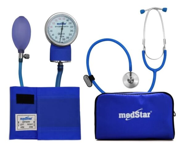 ESFIGMOMANOMETRO ANEROIDE MEDSTAR KIT CON ESTETOSCOPIO DE UNA CAMPANA FULL COLOR AZULSLI-HS-50A-F Azul