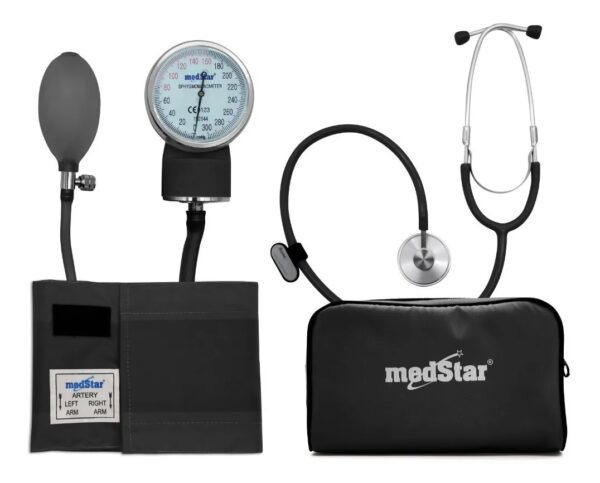 ESFIGMOMANOMETRO ANEROIDE MEDSTAR KIT CON ESTETOSCOPIO DE UNA CAMPANA FULL COLOR NEGROSLI-HS-50A-F Negro