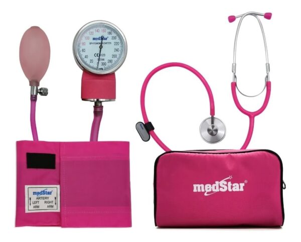 ESFIGMOMANOMETRO ANEROIDE MEDSTAR KIT CON ESTETOSCOPIO DE UNA CAMPANA FULL COLOR ROSA SLI-HS-50A-F Rosa